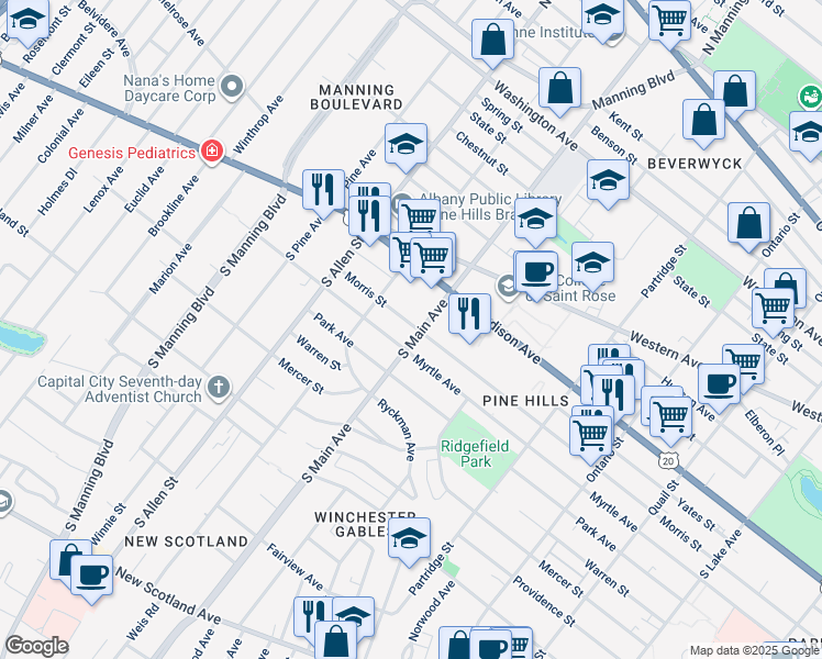 map of restaurants, bars, coffee shops, grocery stores, and more near 41 South Main Avenue in Albany
