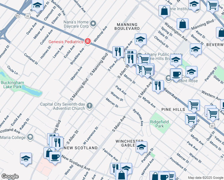map of restaurants, bars, coffee shops, grocery stores, and more near in Albany