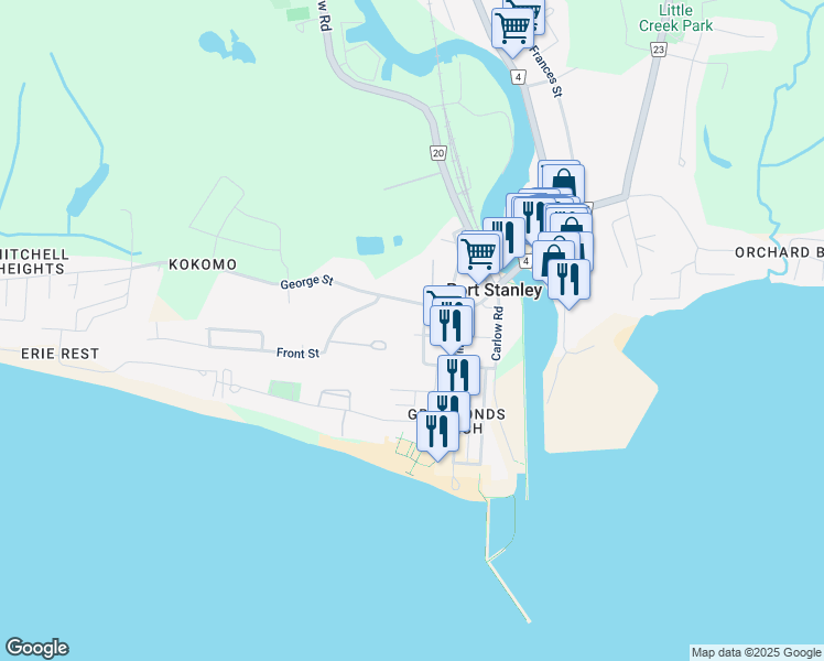 map of restaurants, bars, coffee shops, grocery stores, and more near 170 Sydenham Street in Port Stanley
