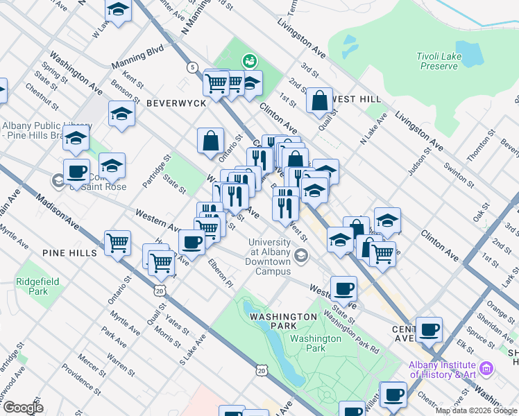 map of restaurants, bars, coffee shops, grocery stores, and more near 496 Washington Avenue in Albany