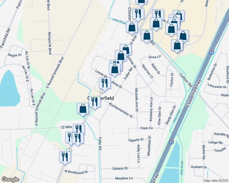 map of restaurants, bars, coffee shops, grocery stores, and more near 49432 Fuller Road in New Baltimore