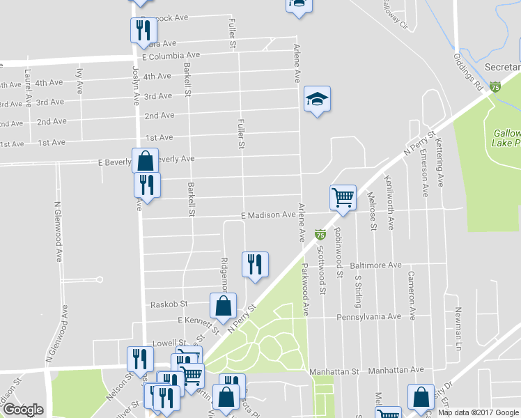 map of restaurants, bars, coffee shops, grocery stores, and more near 731 East Madison Avenue in Pontiac