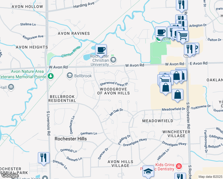 map of restaurants, bars, coffee shops, grocery stores, and more near 951 Sherwood Forest Drive in Rochester Hills