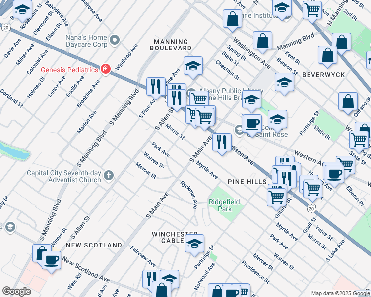map of restaurants, bars, coffee shops, grocery stores, and more near 41 South Main Avenue in Albany
