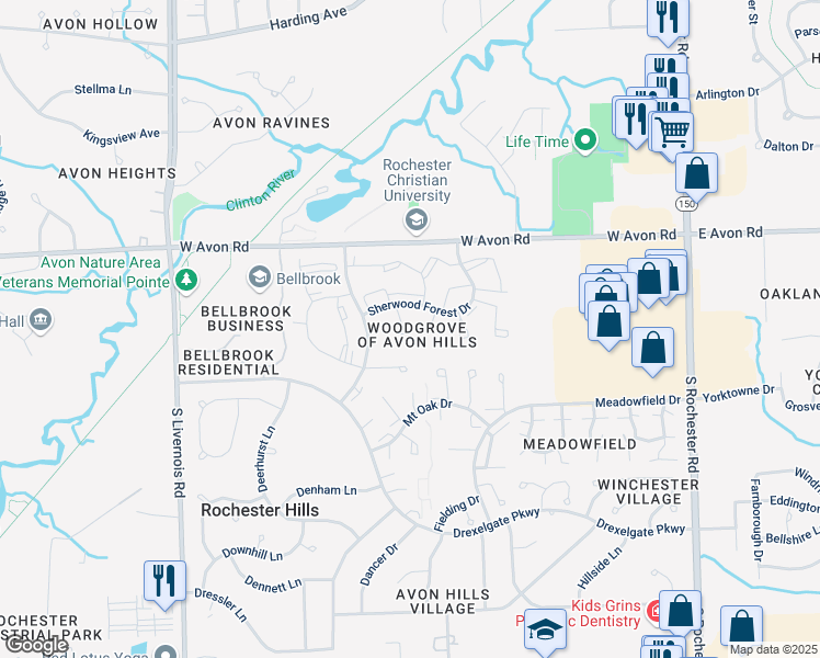 map of restaurants, bars, coffee shops, grocery stores, and more near 949 Sherwood Forest Drive in Rochester Hills