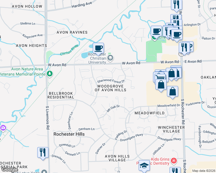 map of restaurants, bars, coffee shops, grocery stores, and more near 839 Langdon Court in Rochester Hills