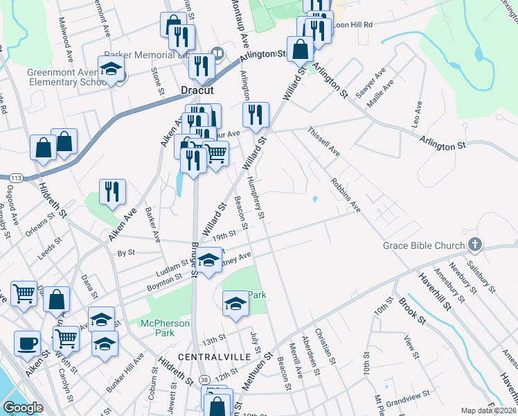 map of restaurants, bars, coffee shops, grocery stores, and more near 212 Humphrey Street in Lowell