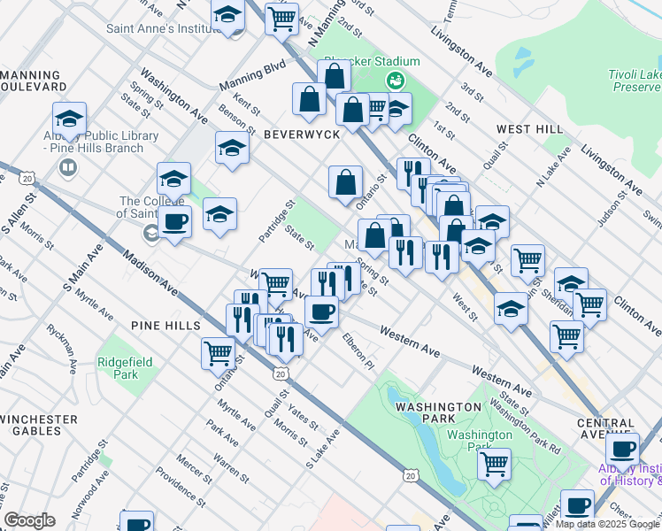 map of restaurants, bars, coffee shops, grocery stores, and more near 712 State Street in Albany