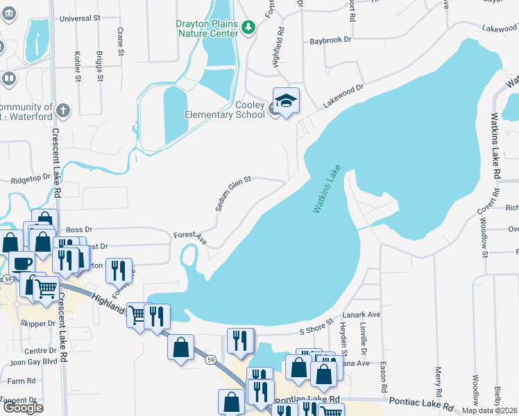 map of restaurants, bars, coffee shops, grocery stores, and more near 4403 Forest Avenue in Waterford Township