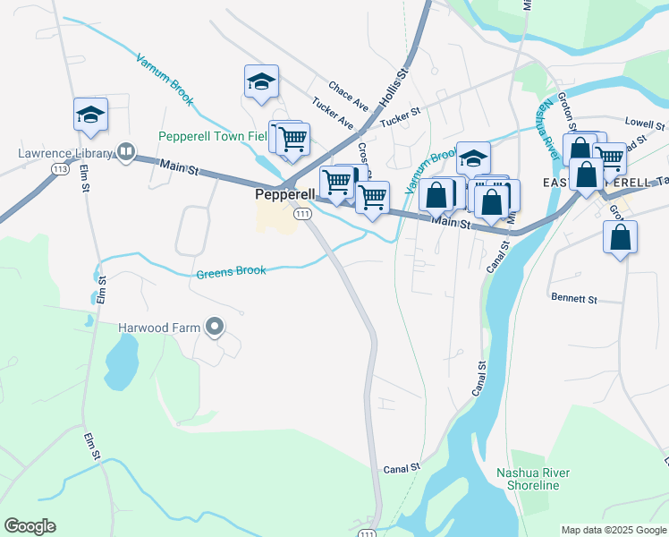 map of restaurants, bars, coffee shops, grocery stores, and more near 21 River Road in Pepperell