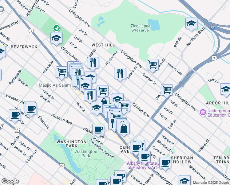 map of restaurants, bars, coffee shops, grocery stores, and more near 462 Orange Street in Albany