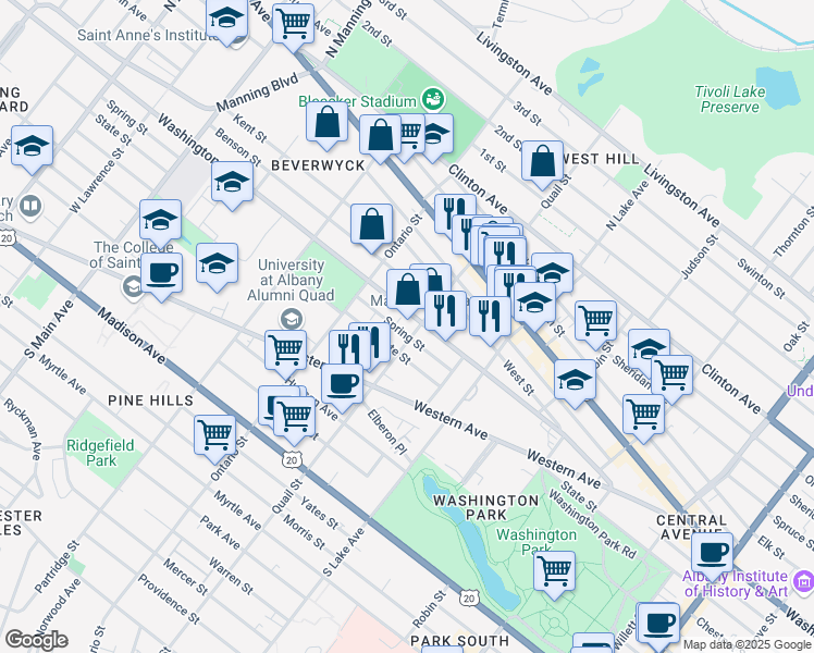 map of restaurants, bars, coffee shops, grocery stores, and more near 162 Quail Street in Albany