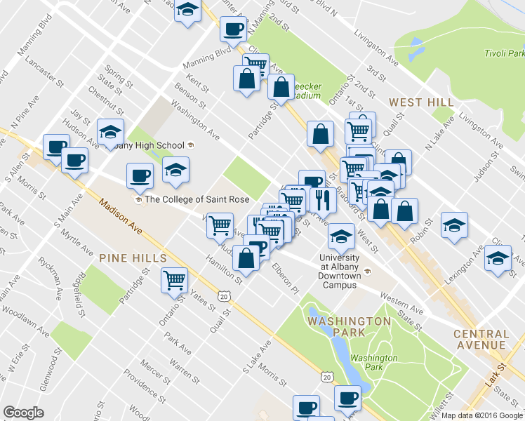 map of restaurants, bars, coffee shops, grocery stores, and more near 690 State Street in Albany