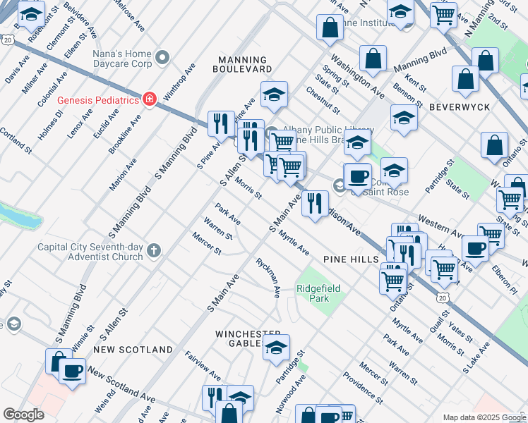 map of restaurants, bars, coffee shops, grocery stores, and more near 41 South Main Avenue in Albany