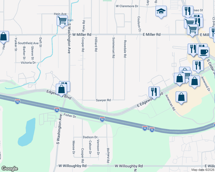 map of restaurants, bars, coffee shops, grocery stores, and more near 6512 Sommerset Road in Lansing
