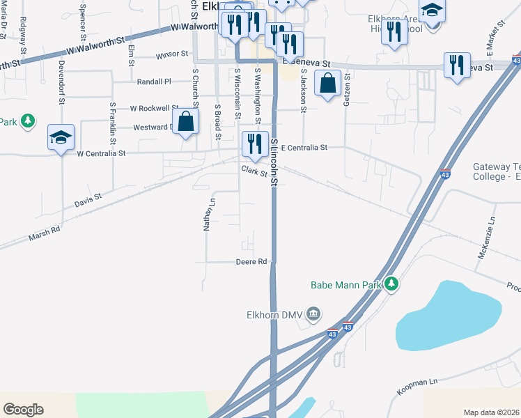 map of restaurants, bars, coffee shops, grocery stores, and more near 536 South Lincoln Street in Elkhorn