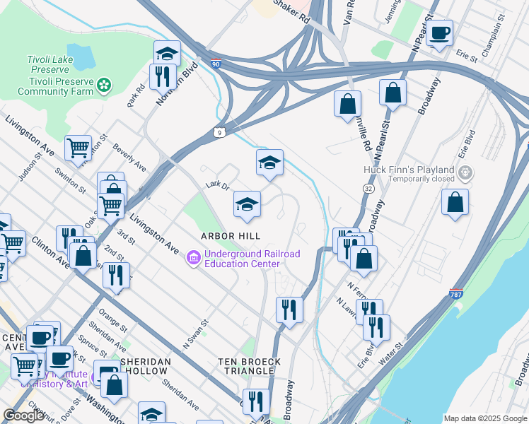 map of restaurants, bars, coffee shops, grocery stores, and more near 531 Lark Drive in Albany