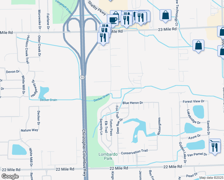 map of restaurants, bars, coffee shops, grocery stores, and more near 50561 Park Drive in Utica