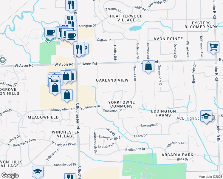 map of restaurants, bars, coffee shops, grocery stores, and more near 162 Saxon Court in Rochester Hills