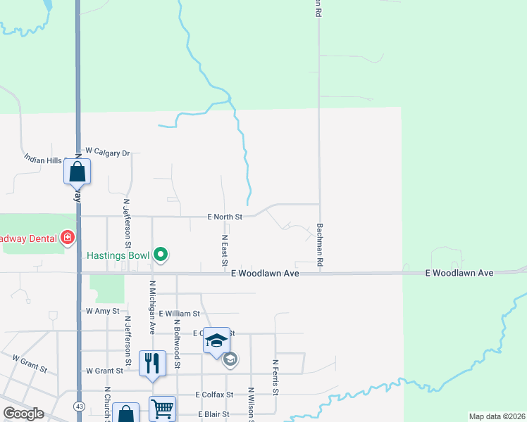map of restaurants, bars, coffee shops, grocery stores, and more near 598 East North Street in Hastings