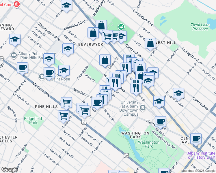map of restaurants, bars, coffee shops, grocery stores, and more near 690 State Street in Albany