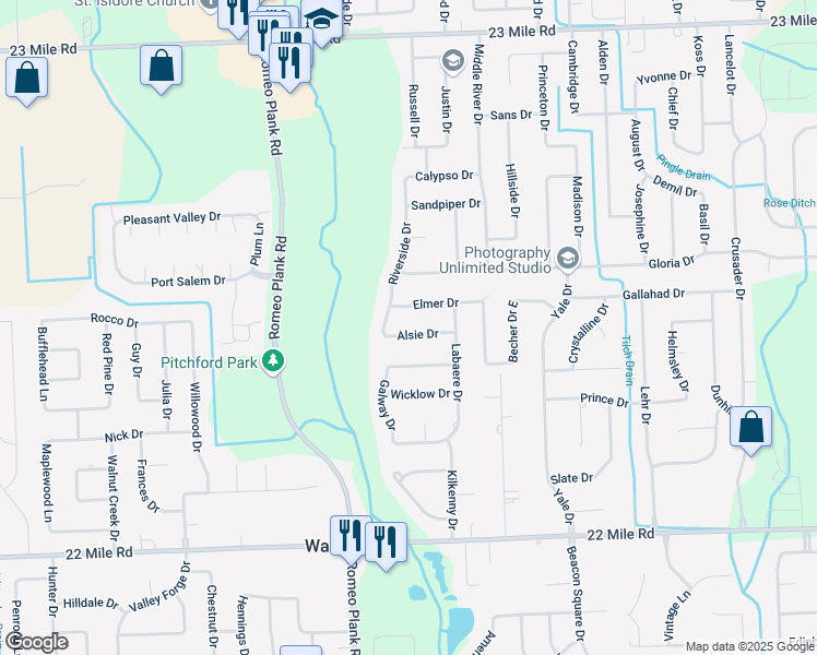 map of restaurants, bars, coffee shops, grocery stores, and more near 18916 Alsie Drive in Macomb