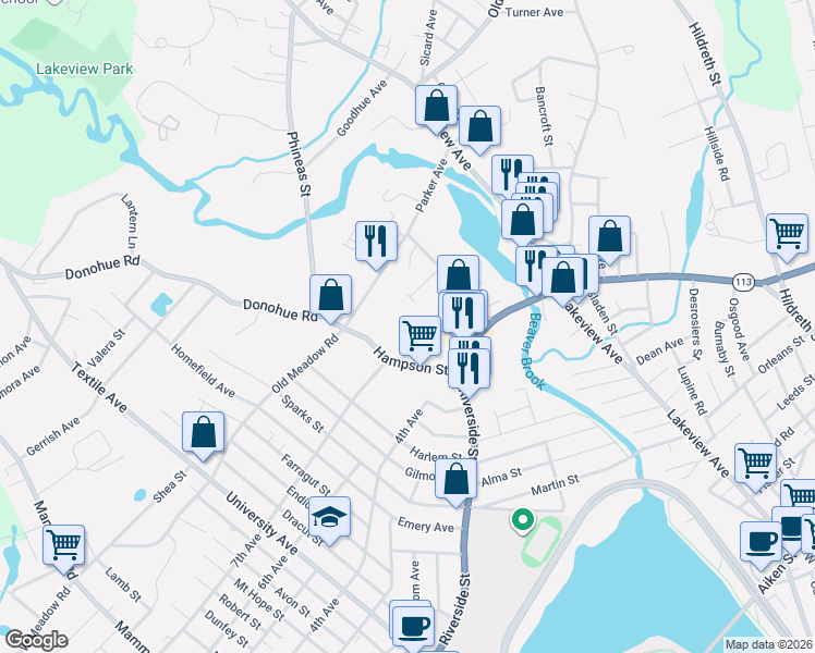 map of restaurants, bars, coffee shops, grocery stores, and more near 18 Neofotistos Circle in Dracut