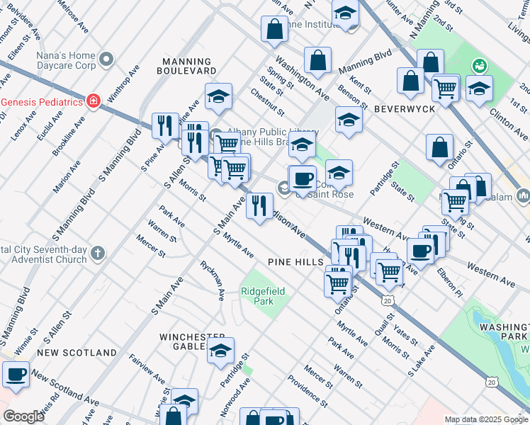 map of restaurants, bars, coffee shops, grocery stores, and more near 1002 Madison Avenue in Albany
