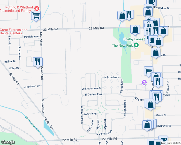 map of restaurants, bars, coffee shops, grocery stores, and more near 6731 Lexington Avenue North in Shelby charter Township