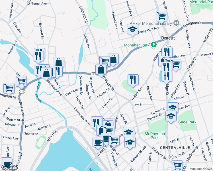 map of restaurants, bars, coffee shops, grocery stores, and more near 124 Orleans Street in Lowell