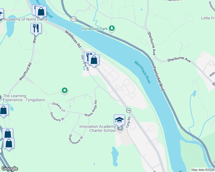 map of restaurants, bars, coffee shops, grocery stores, and more near 20 Old Tyng Road in Tyngsborough