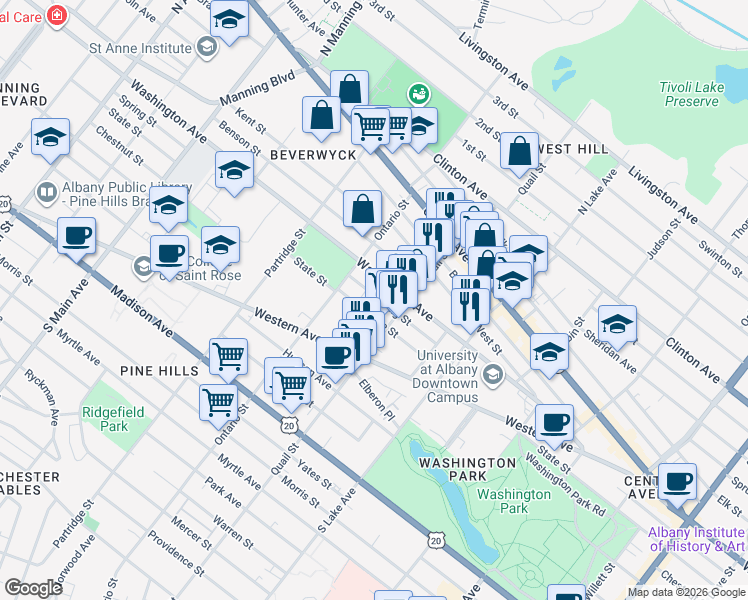map of restaurants, bars, coffee shops, grocery stores, and more near 690 State Street in Albany