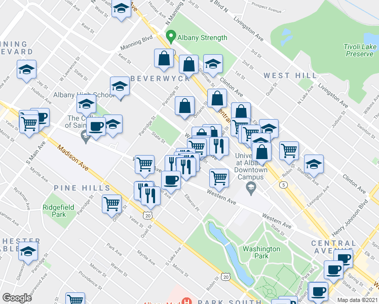 map of restaurants, bars, coffee shops, grocery stores, and more near 690 State Street in Albany