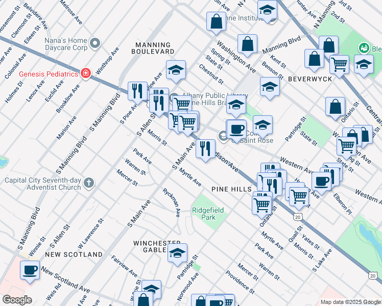 map of restaurants, bars, coffee shops, grocery stores, and more near 656 Morris Street in Albany