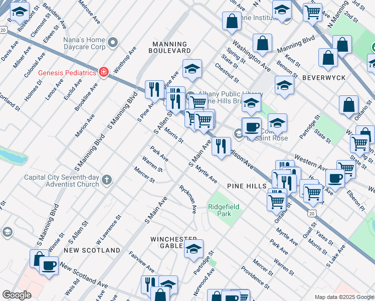 map of restaurants, bars, coffee shops, grocery stores, and more near 41 South Main Avenue in Albany