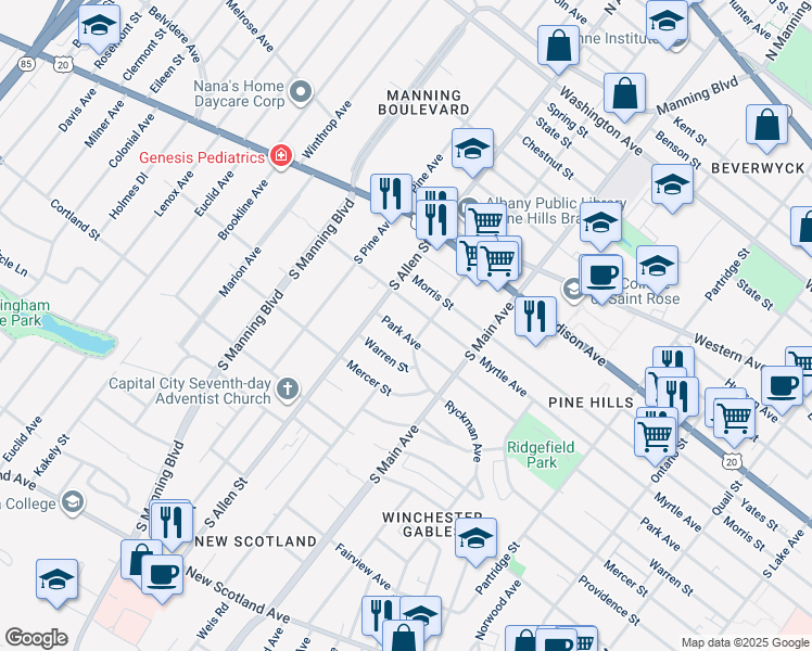 map of restaurants, bars, coffee shops, grocery stores, and more near 881 Warren Street in Albany