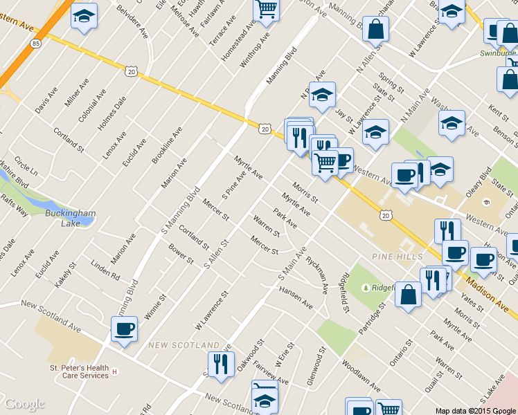 map of restaurants, bars, coffee shops, grocery stores, and more near 881 Warren Street in Albany
