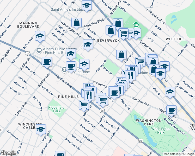 map of restaurants, bars, coffee shops, grocery stores, and more near 325 Western Avenue in Albany
