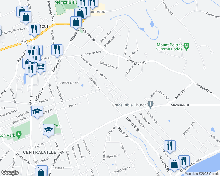map of restaurants, bars, coffee shops, grocery stores, and more near 16 Hazelwood Avenue in Dracut