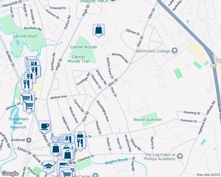 map of restaurants, bars, coffee shops, grocery stores, and more near 130 Elm Street in Andover