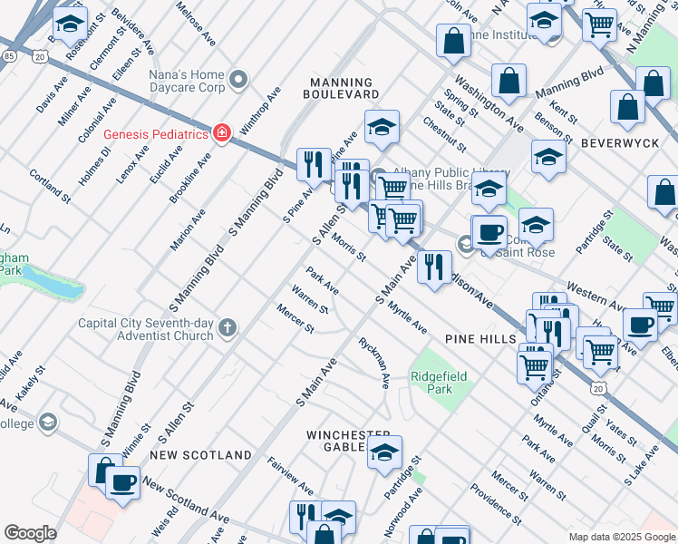 map of restaurants, bars, coffee shops, grocery stores, and more near 726 Morris Street in Albany