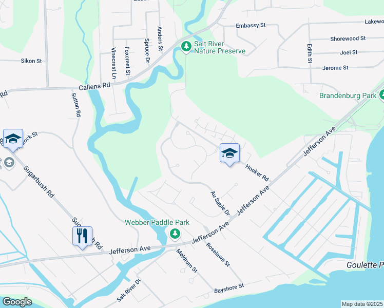 map of restaurants, bars, coffee shops, grocery stores, and more near 33550 Hooker Road in New Baltimore