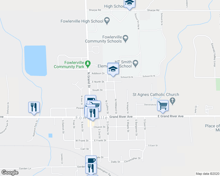 map of restaurants, bars, coffee shops, grocery stores, and more near 301 East North Street in Fowlerville