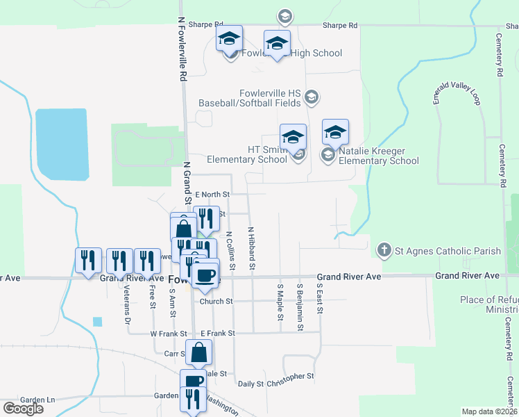 map of restaurants, bars, coffee shops, grocery stores, and more near 412 North Hibbard Street in Fowlerville