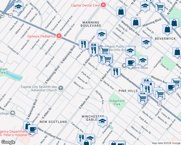 map of restaurants, bars, coffee shops, grocery stores, and more near 726 Morris Street in Albany