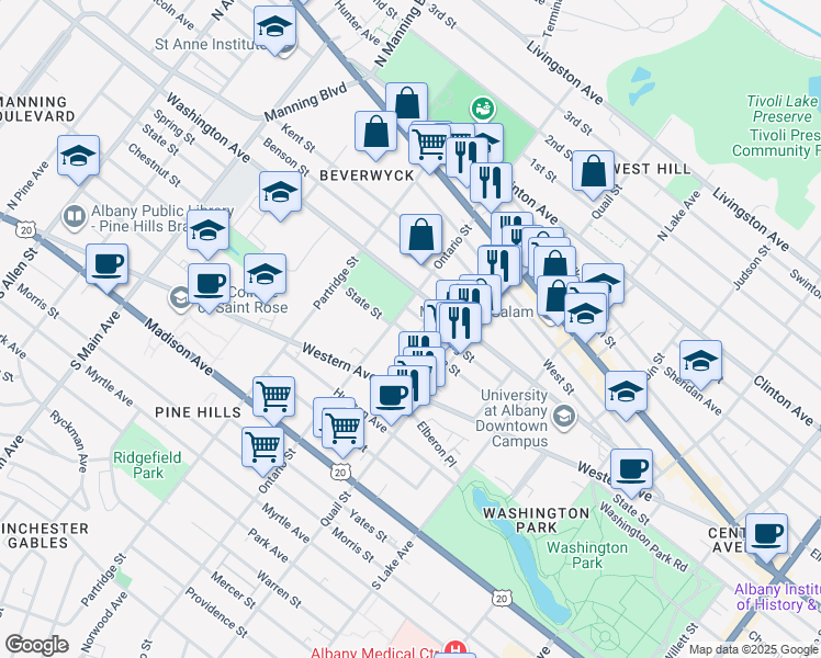 map of restaurants, bars, coffee shops, grocery stores, and more near 182 Ontario Street in Albany