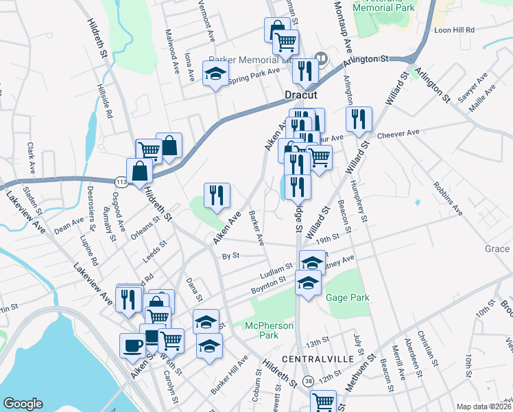 map of restaurants, bars, coffee shops, grocery stores, and more near 273 Barker Avenue in Lowell