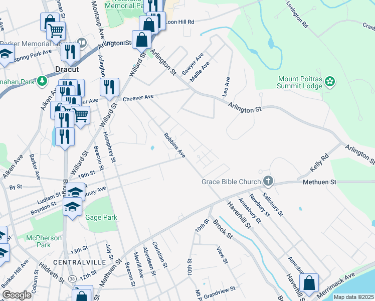 map of restaurants, bars, coffee shops, grocery stores, and more near 15 Wildwood Street in Dracut