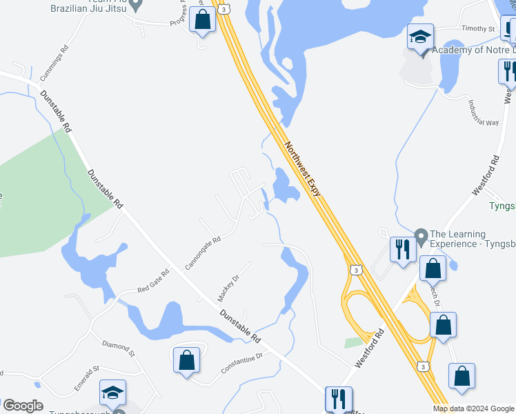 map of restaurants, bars, coffee shops, grocery stores, and more near 17 Cannongate Road in Tyngsborough