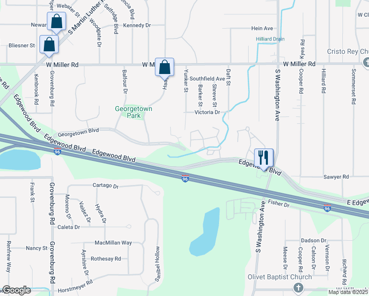 map of restaurants, bars, coffee shops, grocery stores, and more near 1312 Georgetown Boulevard in Lansing